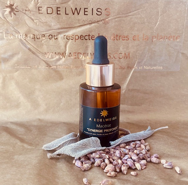 “Synergie profonde” macérat de bourgeons de cassis – feuilles de sauge officinale – fleurs d’edelweiss – huile d’argan bio