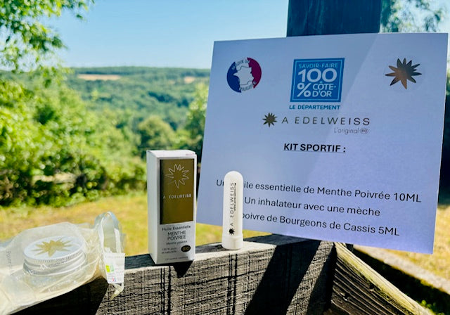 Le Kit Sportif : une huile essentielle de Menthe Poivrée 10ML, un poivre de Bourgeons de Cassis 5Ml, un inhalateur avec sa mèche